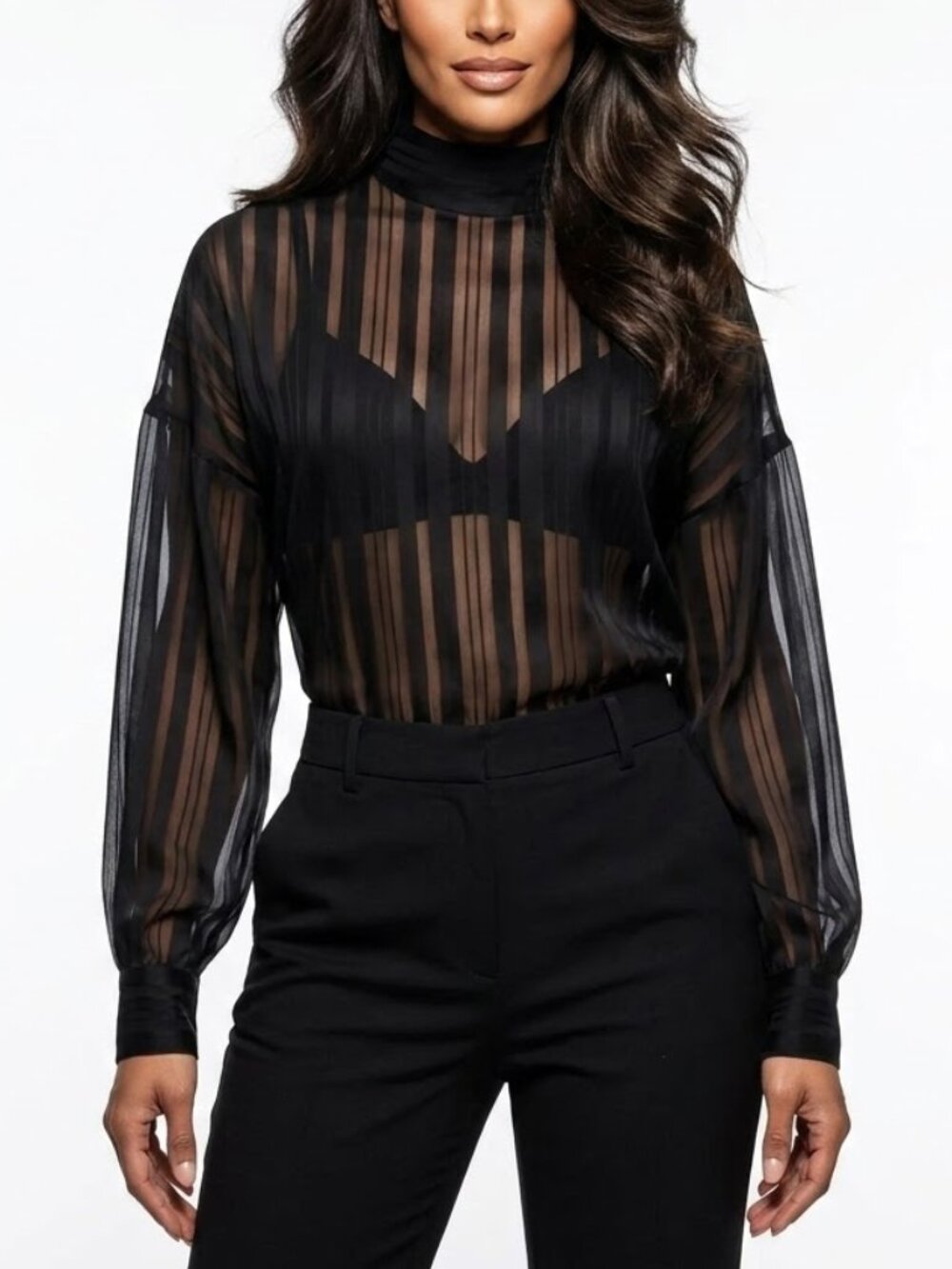 H&M Sheer Striped High Neck Blouse Goth Dark Academia Victorian Balloon Sleeve